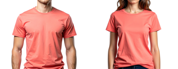 Coral Crew Neck T-Shirt Styled on Model, Waist-Up, White Backdrop PNG