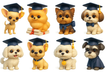 Adorable graduation dog icons set – puppies, caps, diplomas, academic, cute. 3D icon set