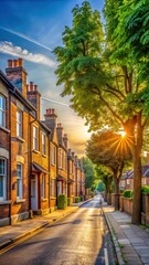 Fototapeta premium Early morning sunlight illuminates a quiet residential street in Reading with tall trees and old brick houses
