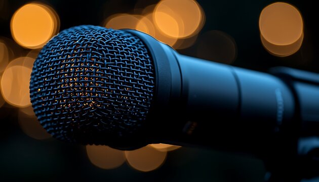 Close-up view of a dark microphone against a blurred background of lights.