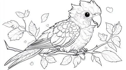 Obraz premium Cute, outlined parrot perched on a branch. Detailed line art of a small parrot, with feathery textures. Surrounded by leaves and hearts. A coloring page
