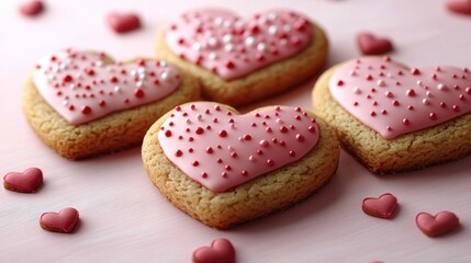 Hearts shaped cookies with pink icing and sprinkles on a pink surface love background food background