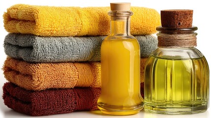 Relaxing spa treatment with essential oils and towels in a tranquil space for complete rejuvenation