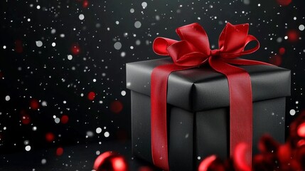 A beautifully wrapped gift box adorned with a bright red ribbon.