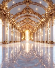 Grand opulent hallway with gold detailing, marble floors, and arched ceilings. Light shines from the end, creating a reflective surface
