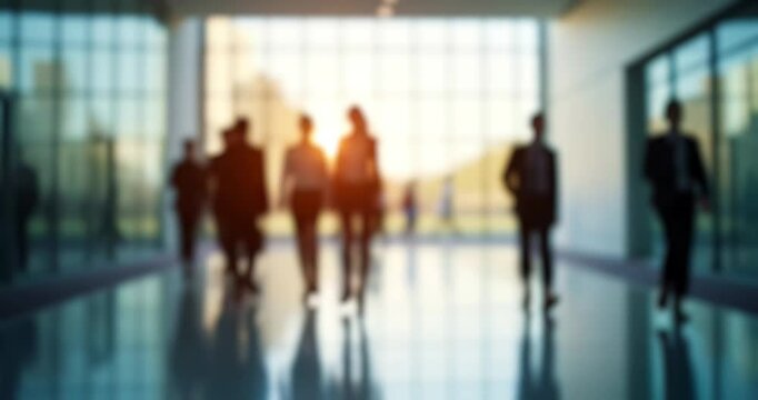 Abstract blurred background with silhouettes of people walking in a bright modern office corridor. Great for business presentations, advertisements, and dynamic background use.