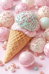 Obraz premium Pastel ice cream cone with colorful sprinkles and pastel candies