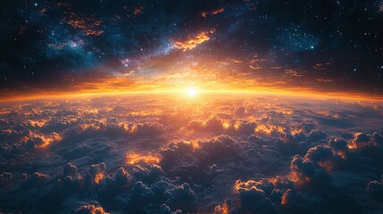 Naklejka premium Bright sunlight emerges over the horizon, casting a warm glow on the clouds below. The vibrant colors blend beautifully with the cosmic backdrop of stars and galaxies, creating a breathtaking view