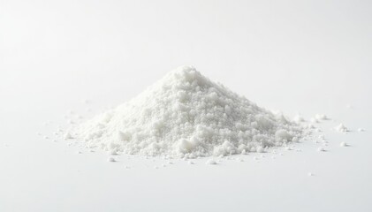 Pile of white granulated sugar on white background, crystal, bowl