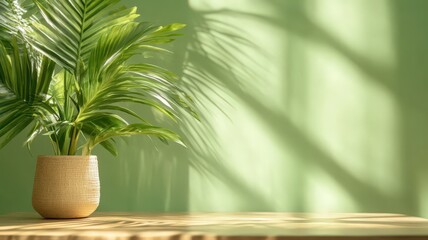 Obraz premium Green Palm Plant in Textured Pot Casting Shadows on a Light Green Wall Illuminated by Warm Sunlight Indoor