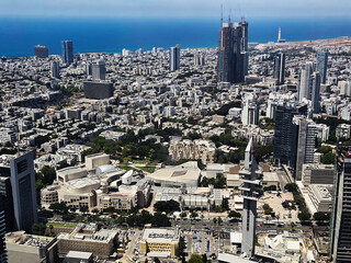 Tel Aviv, view of the city from above. Skyscrapers, complexes and modern buildings, view of the Mediterranean Sea. Israel