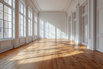 Obraz premium Spacious, sunlit room with elegant white trim and hardwood floors.