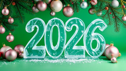 Glass numbers "2026" surrounded by bright Christmas balls made of ice on a green background. New Year and Christmas concept.