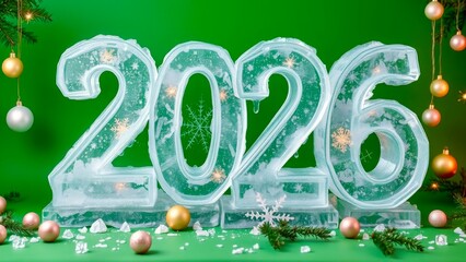 The numbers "2026" surrounded by bright Christmas balls made of ice on a green background. New Year and Christmas concept.