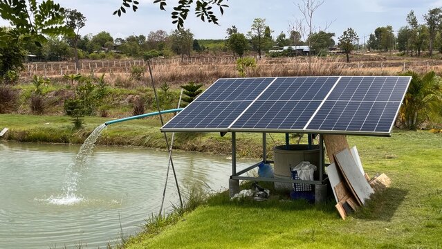 Solar powered water pump fills the pond on a sunny day with green grass and trees in the background view.