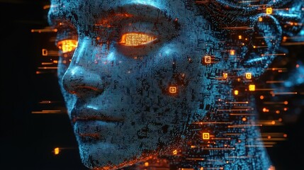A classical statue is reimagined with a sleek, digital texture, featuring glowing eyes and a backdrop of floating data fragments. The interplay of technology and artistry captivates