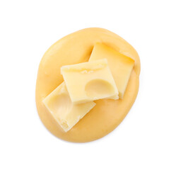 Tasty cheese dipping sauce and pieces of product isolated on white, top view