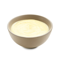 Tasty vanilla pudding in bowl isolated on white