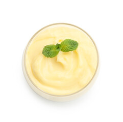 Tasty vanilla pudding with mint isolated on white, top view