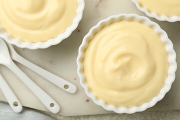 Tasty vanilla pudding with spoons on light table, flat lay