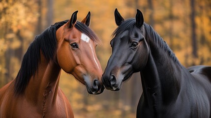 Obraz premium Two horses standing next to each other in the woods animal background
