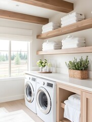 A bright laundry room with white washer and dryer, wooden shelves, and a window overlooking a field