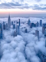 Obraz premium A city skyline emerges from a thick layer of fog, with skyscrapers piercing through the clouds
