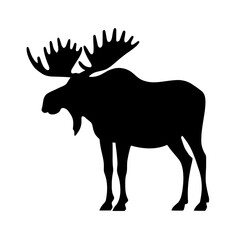 Minimalist black silhouette of a moose with palmate antlers on white background