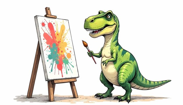 A humorous drawing of a T-Rex holding a tiny paintbrush in its short arms, standing before a large canvas covered in colorful abstract art.