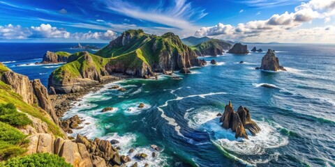 Panoramic view of Higashi-Hennazaki cape with rugged coastline and rocky shores