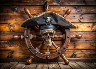 Obraz premium Dark pirate hat with skull and crossbones on a wooden ship's wheel