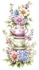 A delicate stack of teacups and teapot adorned with a vibrant bouquet of pastel flowers
