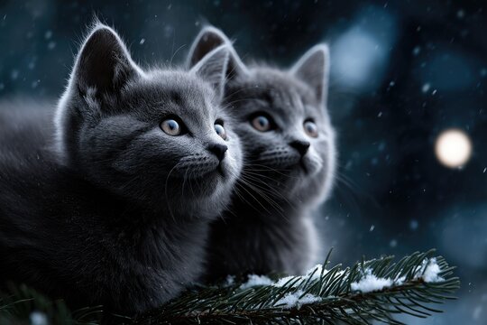 Two gray kittens resting on snowy pine branches at night.