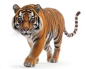 Obraz premium Powerful Bengal Tiger Walking Forward – Orange Fur with Black Stripes on White Background