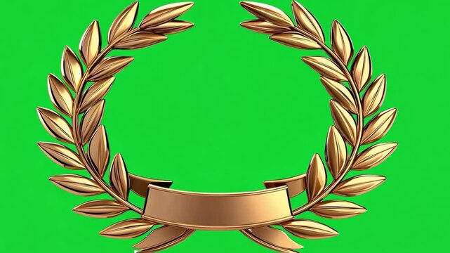 Golden laurel wreath with empty banner on bright green background for awards and achievements concept