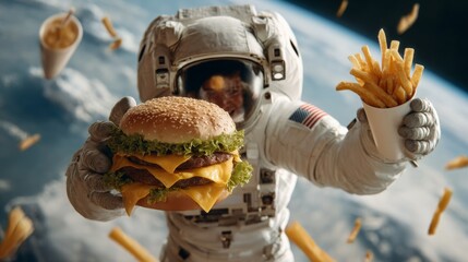 Astronaut in Space Holding Cheeseburger and French Fries in Orbit