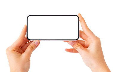 Mobile phone horizontally in hand, photo or video camera screen mockup