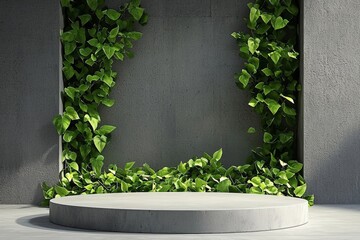 An empty stage with a solid concrete podium surrounded by greenery.