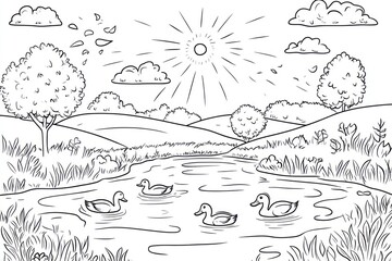 Peaceful lake scene with ducks, trees, hills, and sun.  Simple line drawing, perfect for coloring