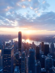 Fototapeta premium A panoramic view of a cityscape at dawn, with skyscrapers reaching towards a glowing orange sky
