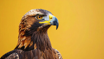 Fototapeta premium Close-up of a majestic eagle with piercing eyes, isolated on a warm yellow background with copy space for impactful wildlife or nature designs.