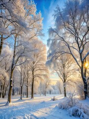 Frosty forest landscape with snow-covered trees and bare branches