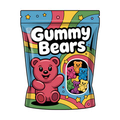Gummy Bears Delight: A vibrant depiction of a bag filled with delicious gummy bears. This lively illustration showcases an array of flavors and the playful essence of these sweet treats.