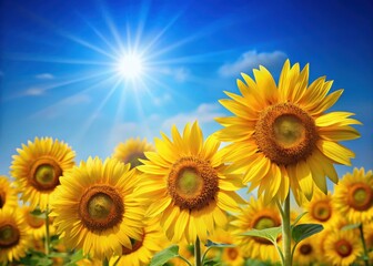 Fototapeta premium Sunny yellow flowers bloom in a vast field of bright golden sunflowers against an isolated blue background