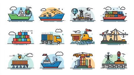 Colorful illustrations of various modes of transport, including ships, trucks, and cargo containers, showcasing the logistics and shipping industry.