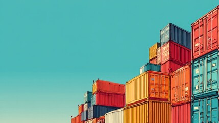 Fototapeta premium Colorful shipping containers stacked against a bright blue sky, creating a vibrant industrial scene.