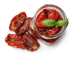 Tasty sun dried tomatoes and fresh basil isolated on white, top view