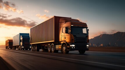 Trucks transporting cargo on an open road at sunset, conveying a sense of industry and transport.