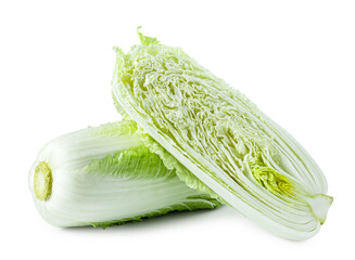 Whole and cut fresh Chinese cabbages isolated on white