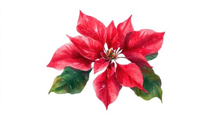 Vibrant red poinsettia flower with green leaves, showcasing intricate details and textures.
